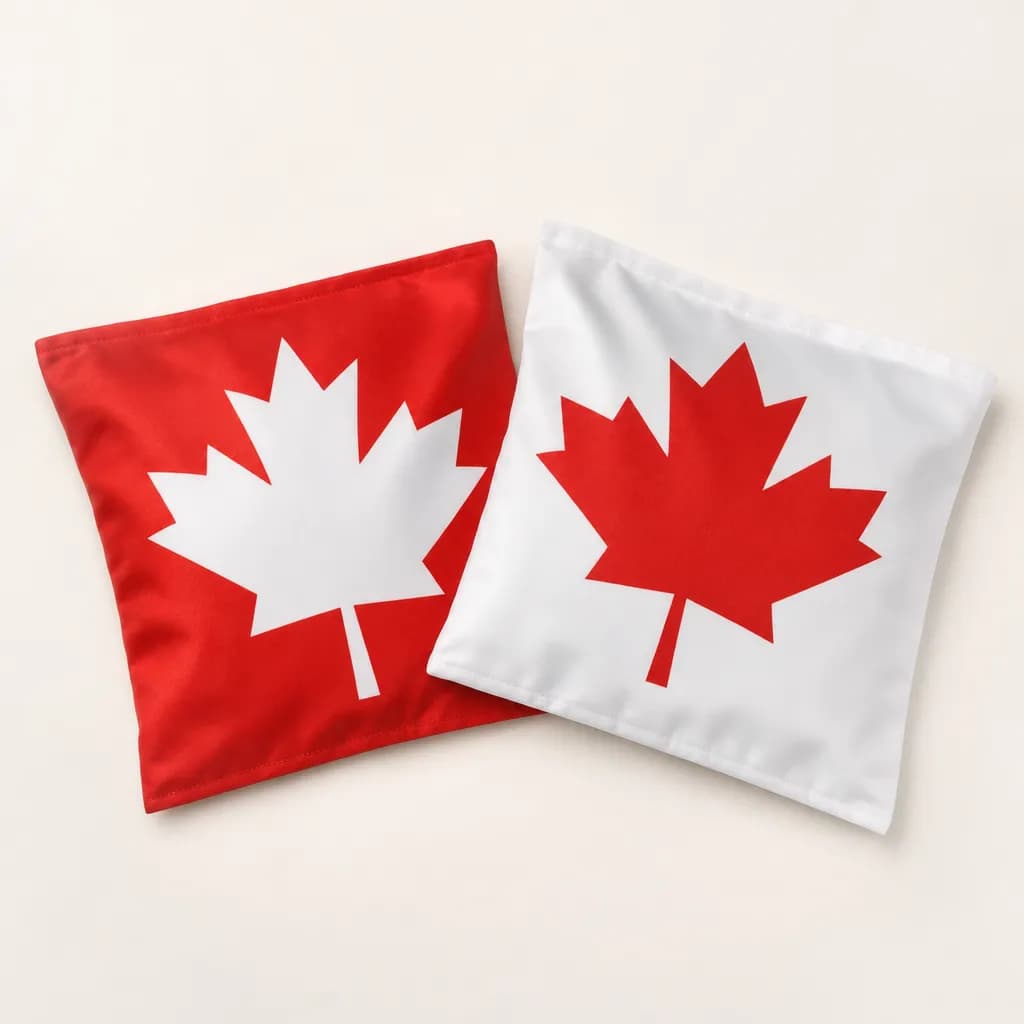 Red and white cornhole bags printed with a maple leaf