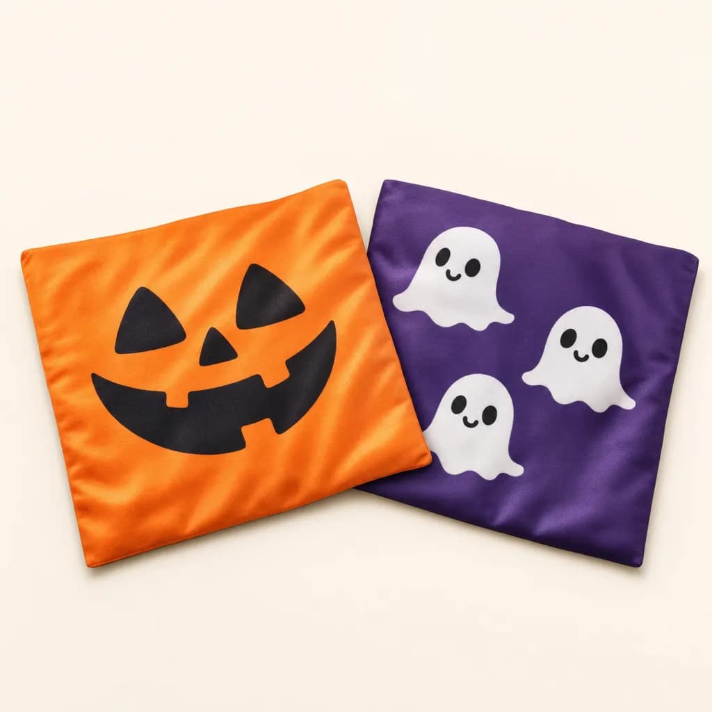 Orange and purple Halloween cornhole bags with a jack-o-lantern and ghosts
