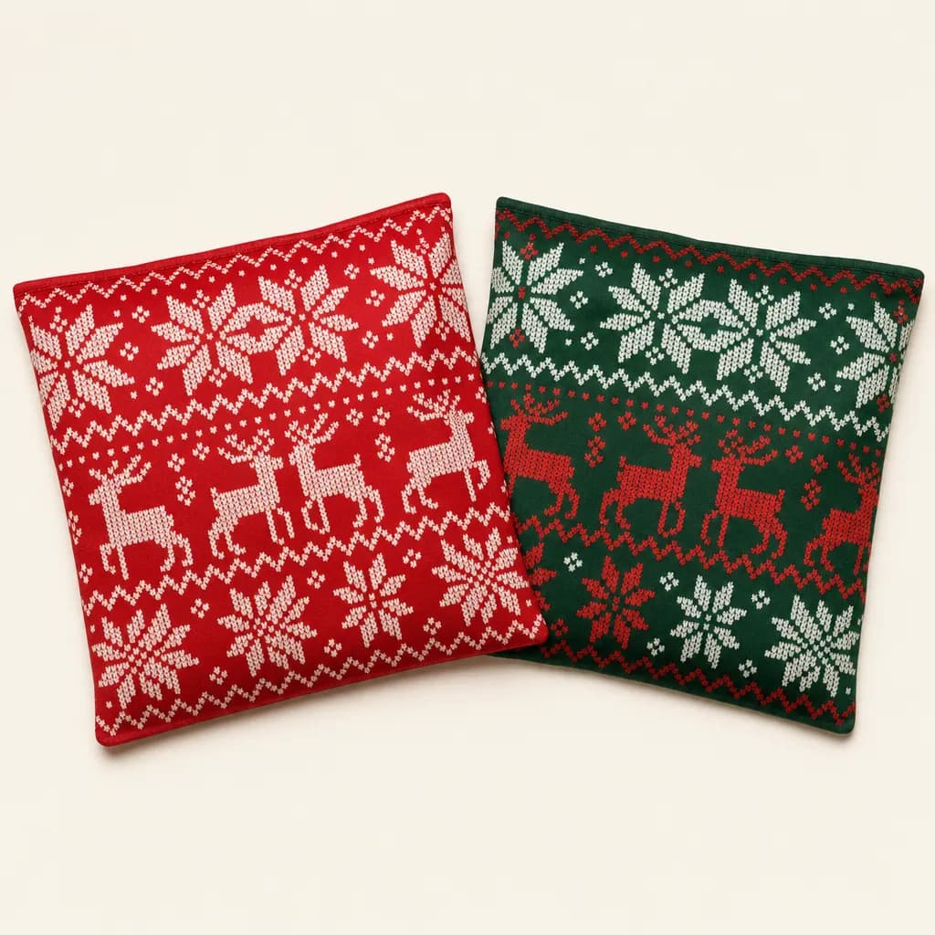 Red and green holiday sweater pattern cornhole bags