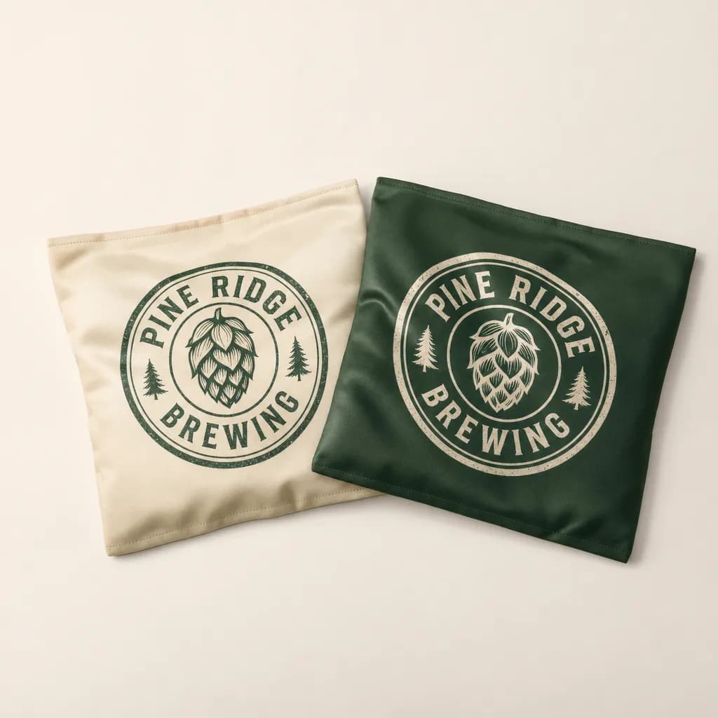 Cream and green cornhole bags with a craft brewery badge logo