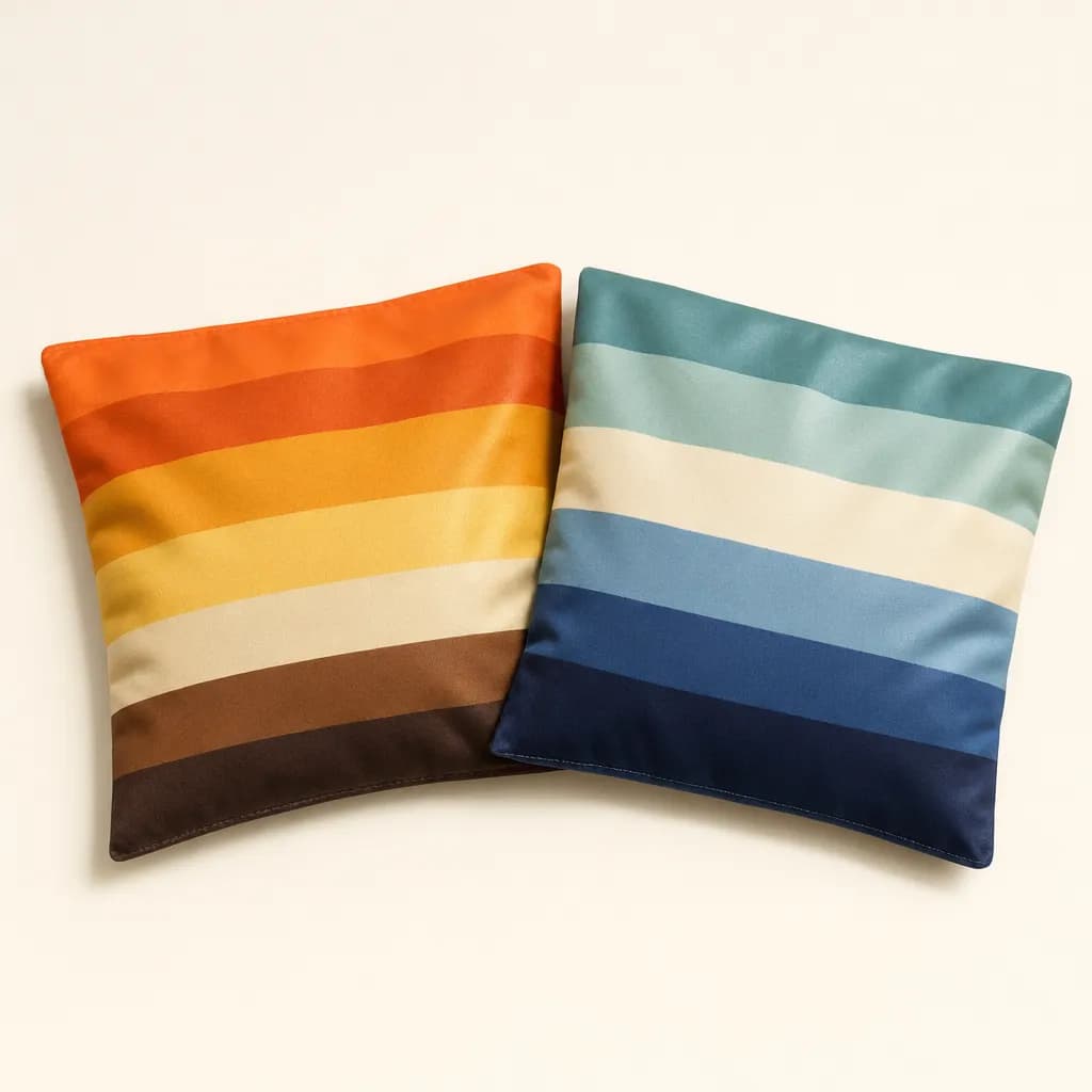 Two cornhole bags printed with retro 70s sunset stripes
