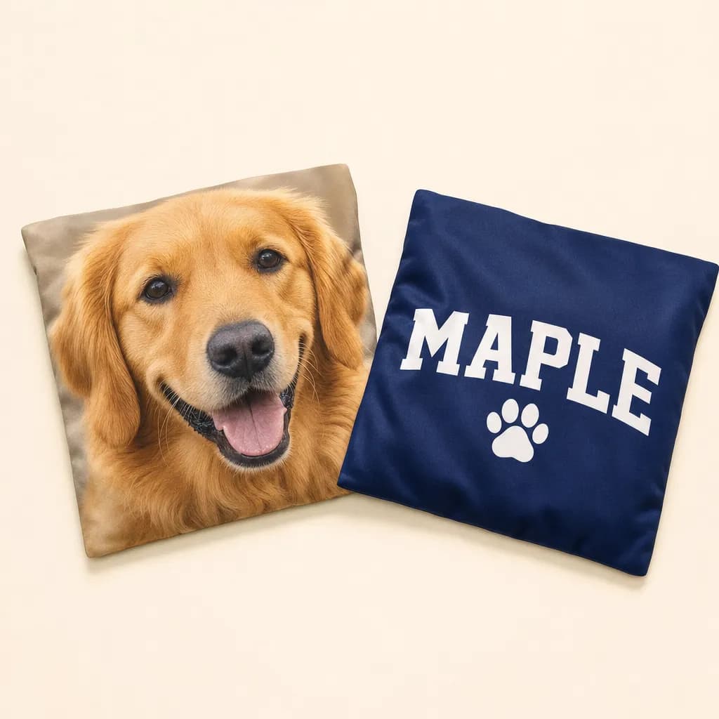 Cornhole bags printed with a golden retriever photo and the name Maple