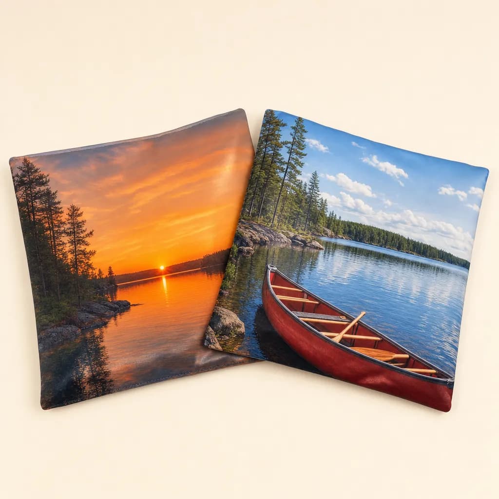 Cornhole bags printed edge to edge with lake and canoe photographs