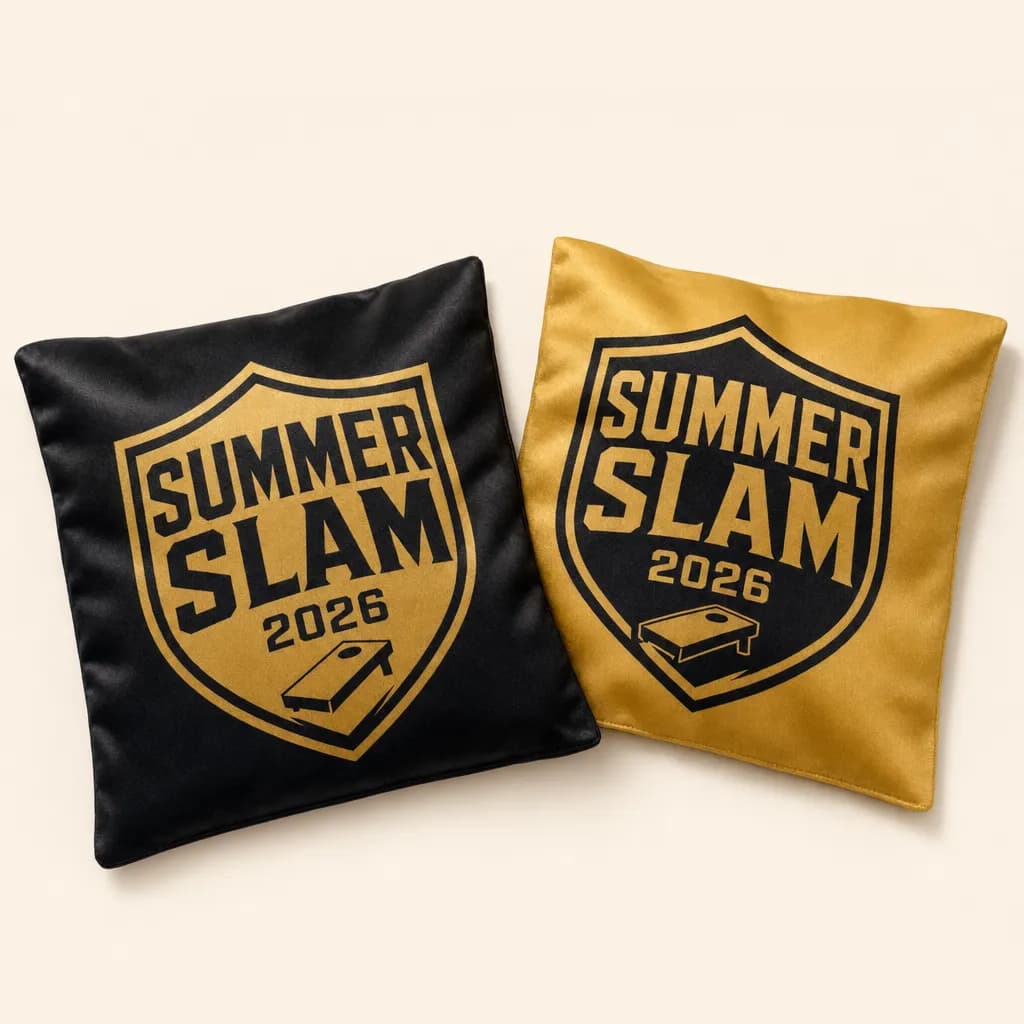 Black and gold tournament cornhole bags with a Summer Slam logo