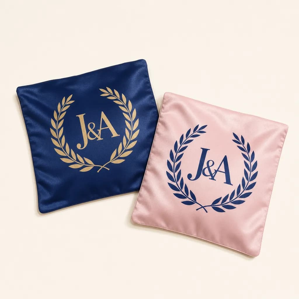 Navy and blush pink wedding cornhole bags with a gold monogram crest
