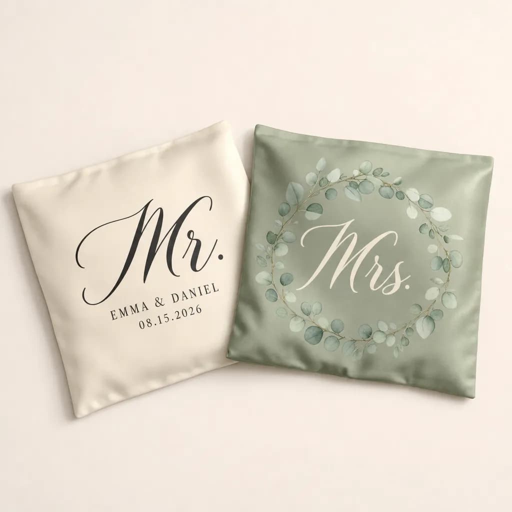Ivory and sage wedding cornhole bags printed with Mr. and Mrs. in script