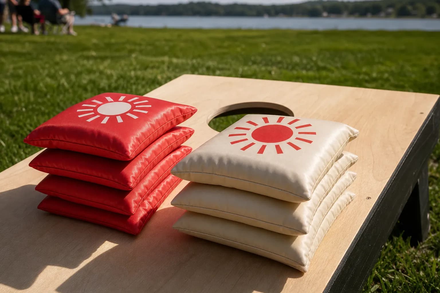 Close-up of a stack of custom cornhole bags on a board